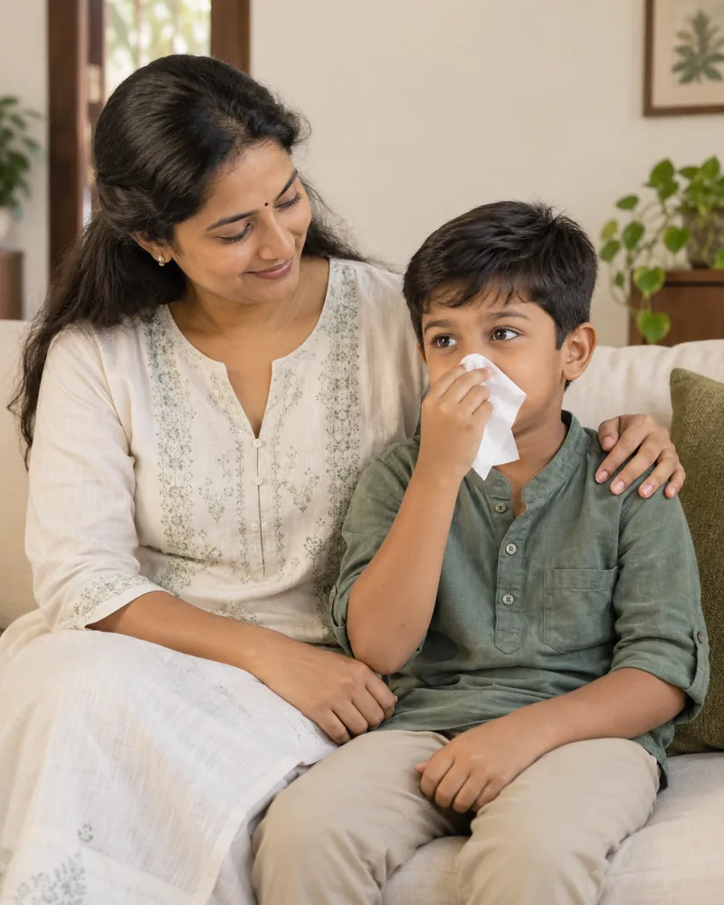 An Indian mother comforting her son as he holds a tissue near his nose