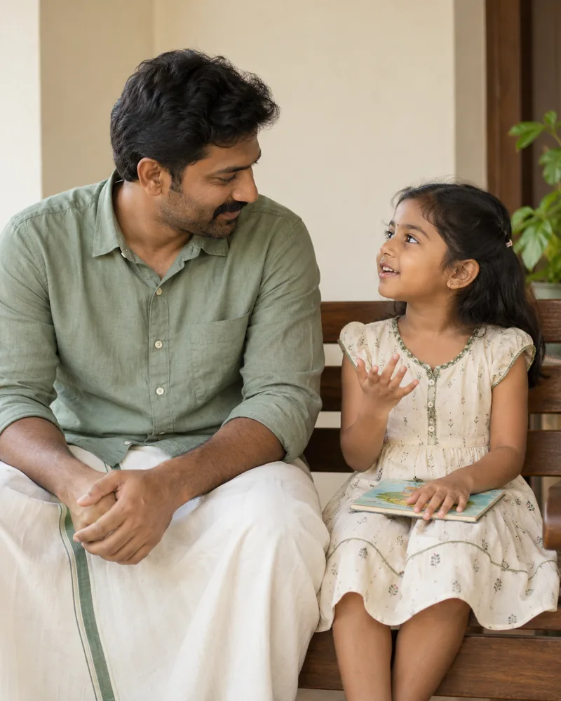 An Indian father listening to his young daughter at home