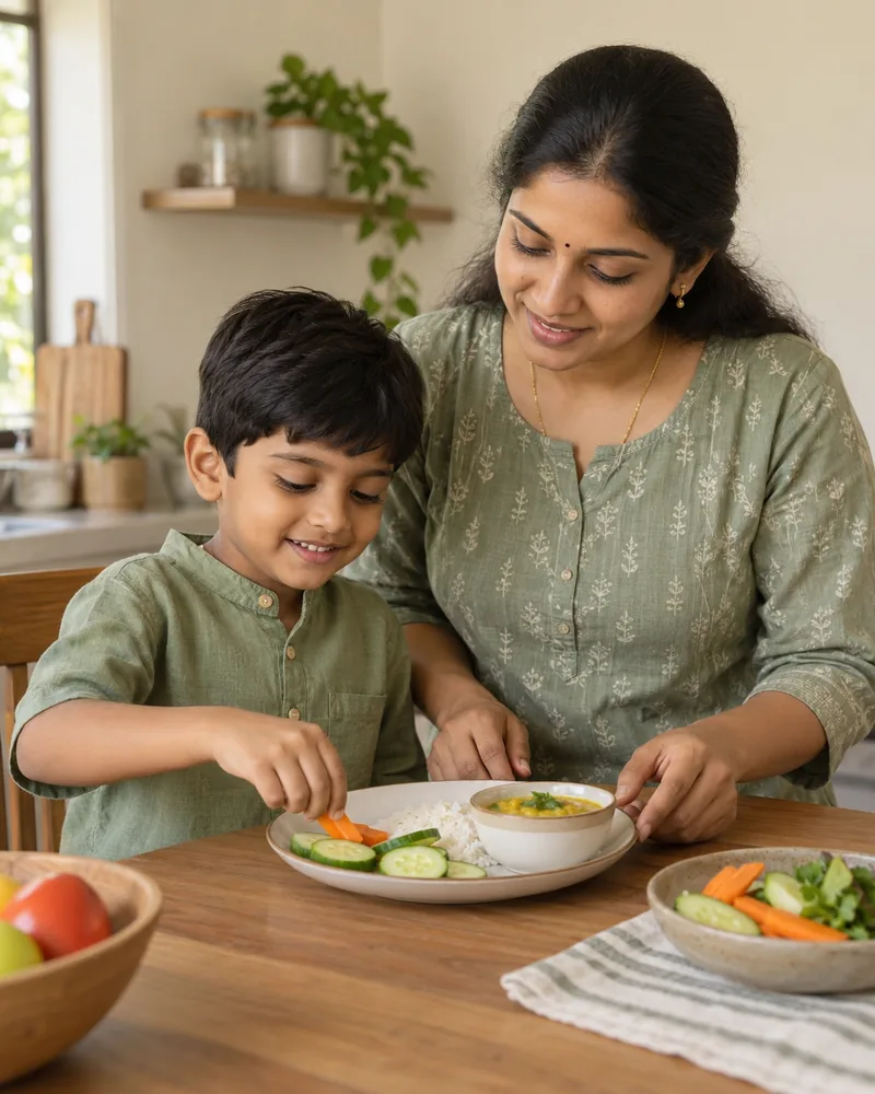 An Indian mother and son preparing a meal with vegetables, rice and dal