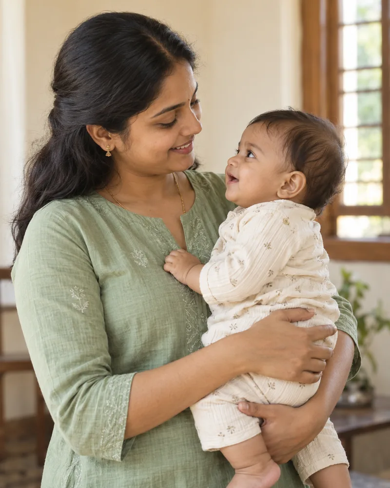 An Indian mother holding her baby in soft window light