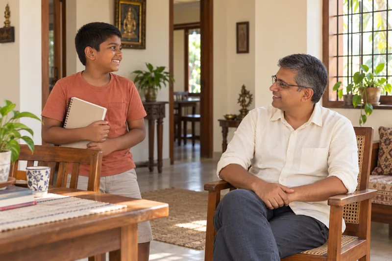An Indian father and his older son talking in a sunlit home